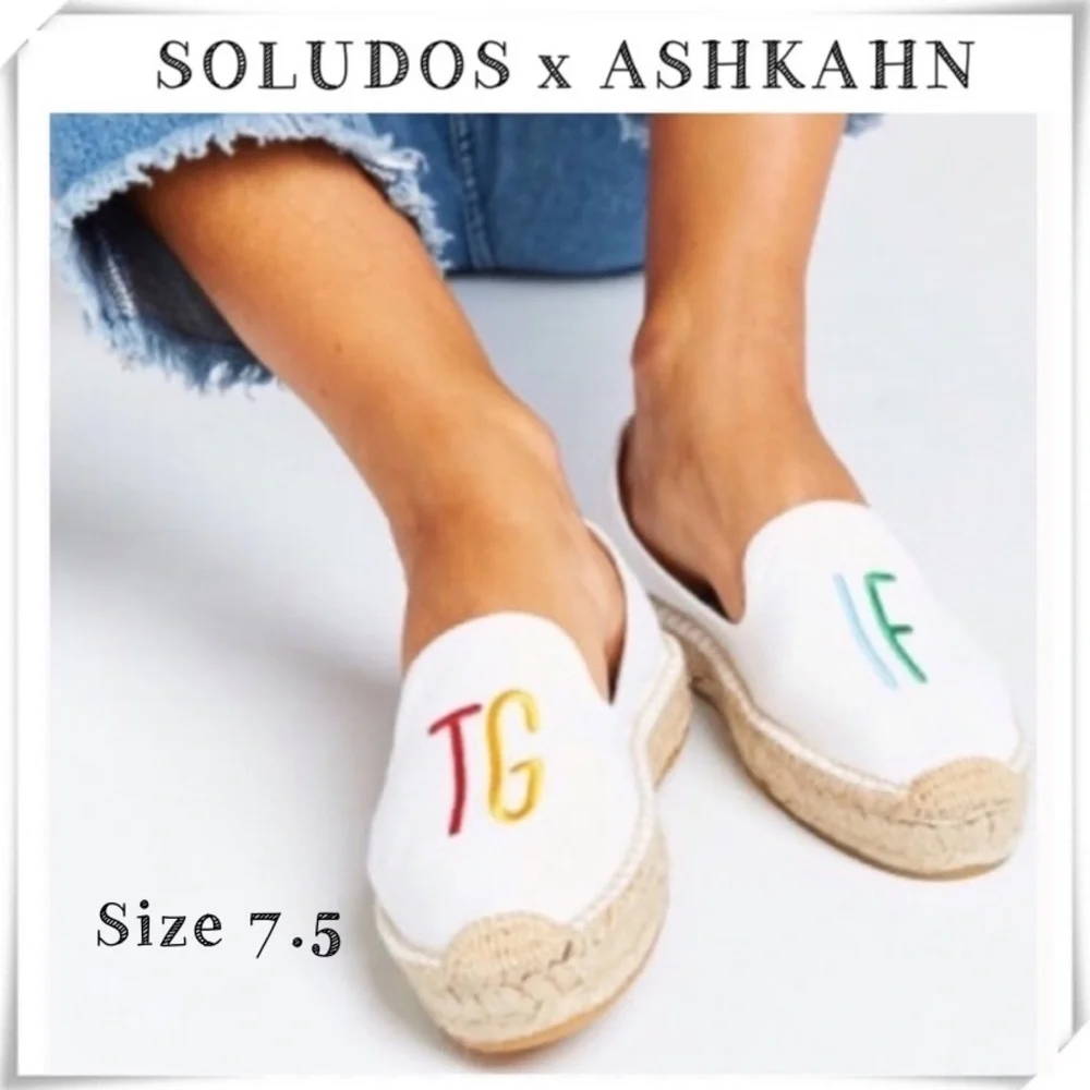 SOLUDOS x ASHKAHN TGIF Embroidered Canvas Espadrilles Flats in White Size 7.5